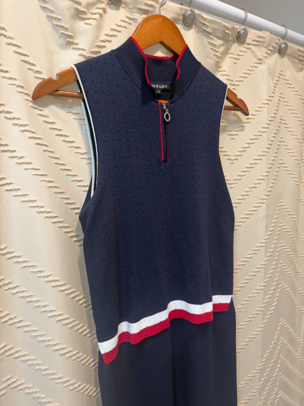 Leo & Ugo Dress Knit Navy Blue Red White Layered Mock Neck Zip France Summer - Picture 3 of 12